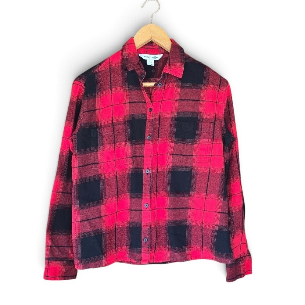 Old Navy Red Plaid Flannel The Boyfriend Shirt Women M Tall Buffalo Check Cotton